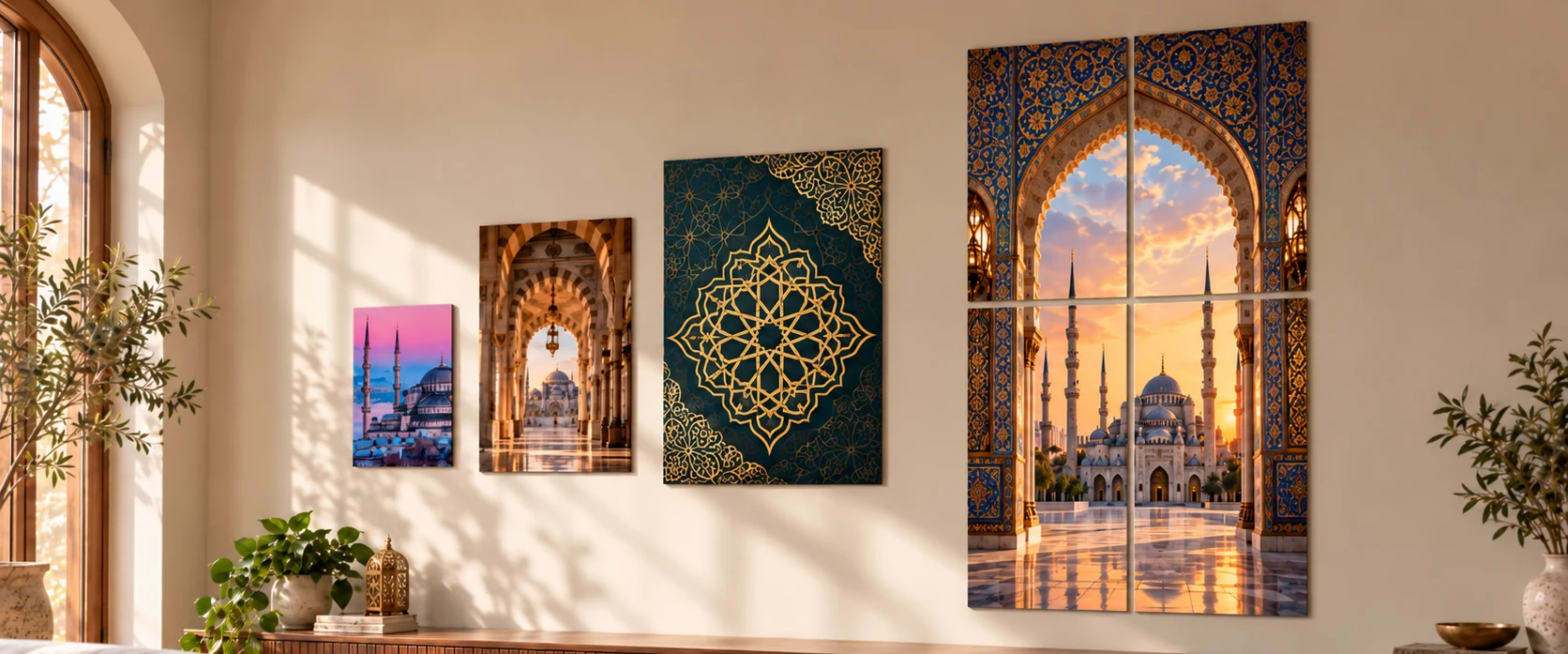 Islamic metal wall art on a living-room wall: a mosque at dusk, an arched hall, a gold geometric pattern and a four-plate mosque poster