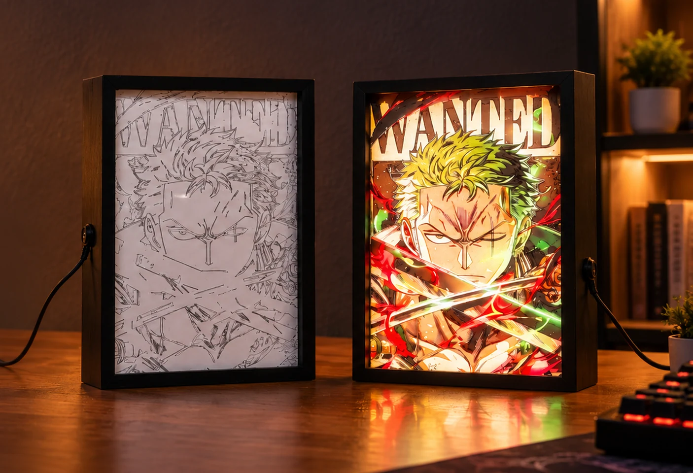 Two Light Craze backlit lightboxes on a desk: one switched off showing line art, one switched on glowing in full colour